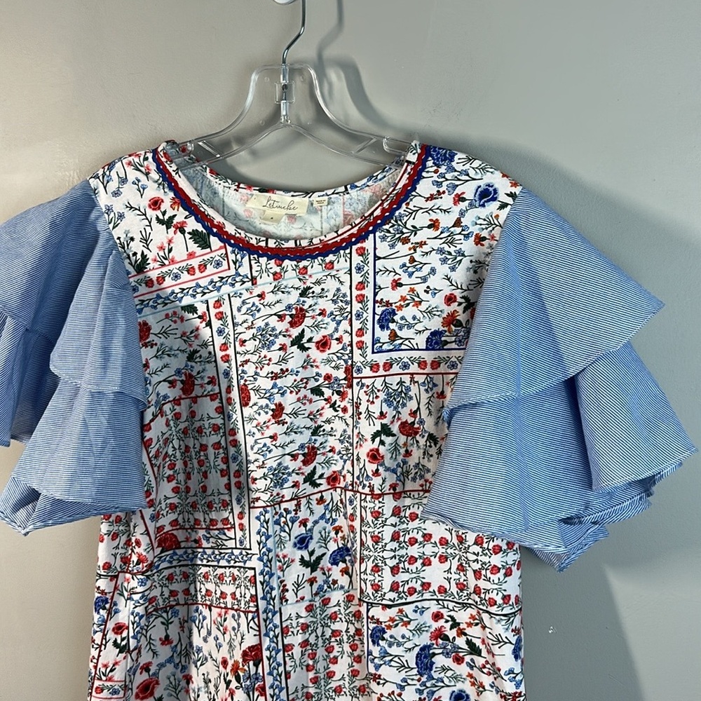 Anthropologie Let Me Be Floral Chambray Ruffle Flutter Sleeve Tee Blouse‎ Size S - Picture 7 of 14